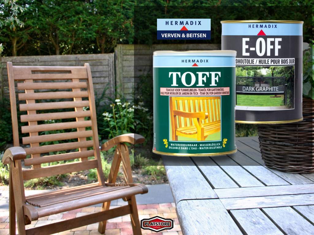 TOFF en E-OFF van Hermadix-hardhoutolie voor tuinmeubelen